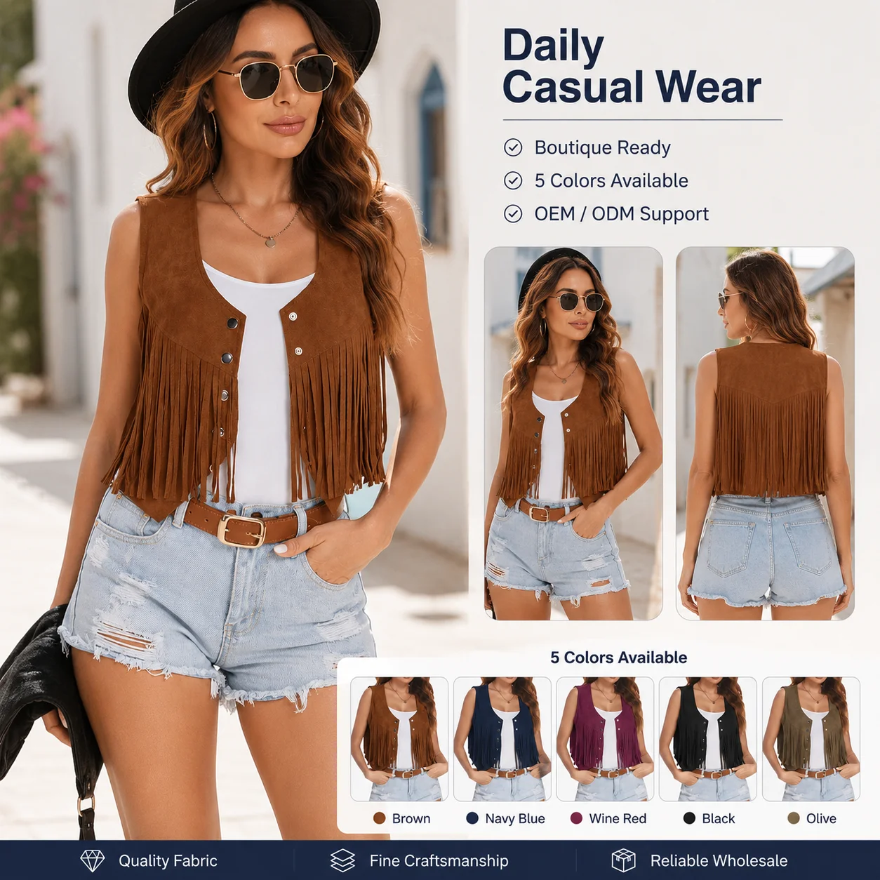 2024 Custom Women's Suede Fringe Trim Sleeveless Short Tank Top Casual Stand Collar Quick Dry Eco-Friendly Sports Vest