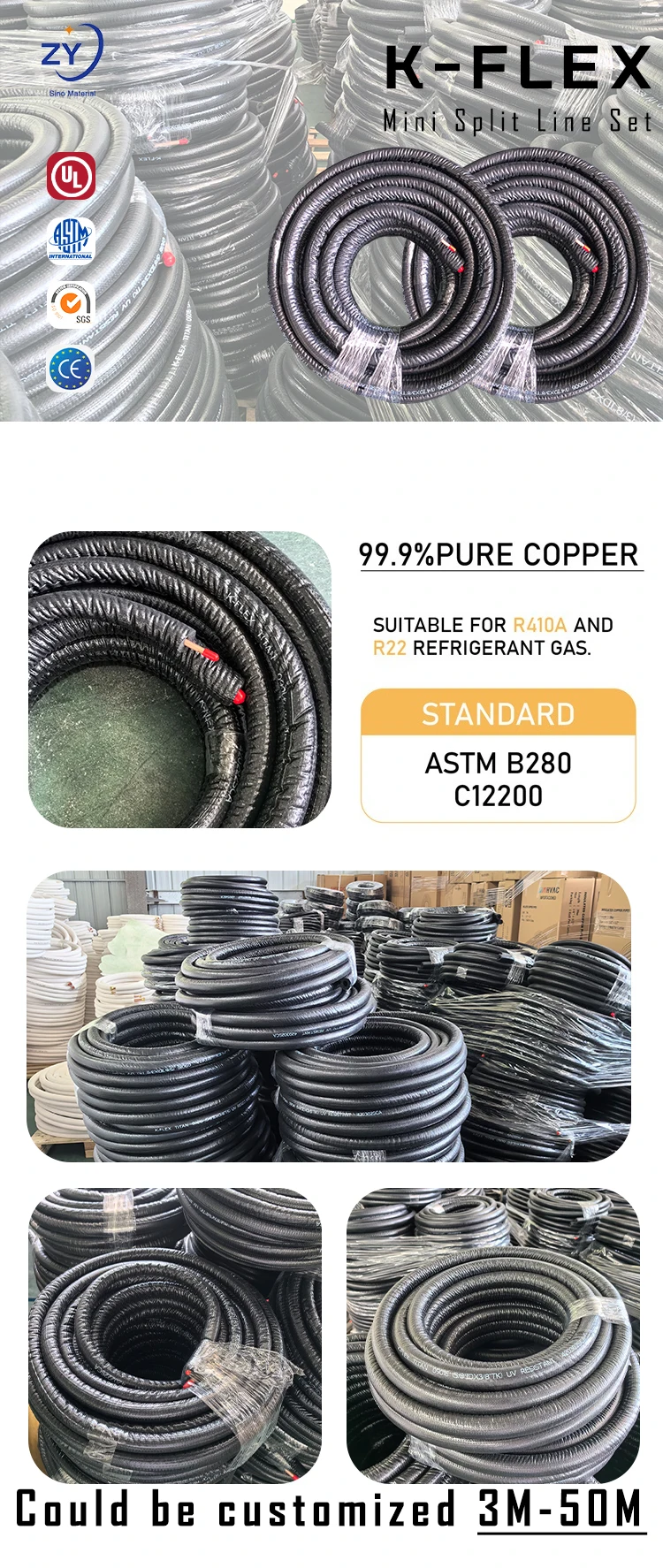 50ft Line Set Install Kit For Mini Split Heat Pump – 1/4" & 3/8" Diameter Copper Pipes With Flare Nuts, Insulated, Signal Cable Included