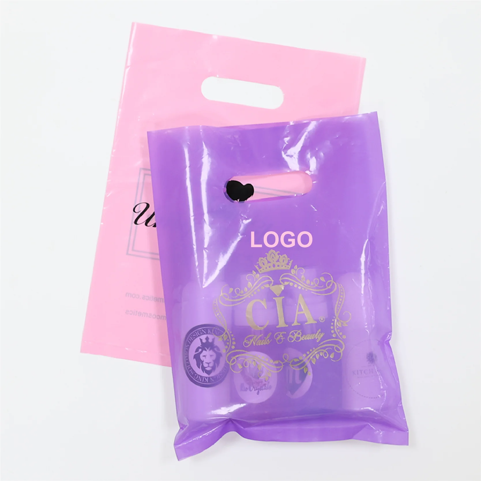 Sacs d'emballage cosmétiques violets roses avec poignée, sac en plastique,  sac de courses d'emballage