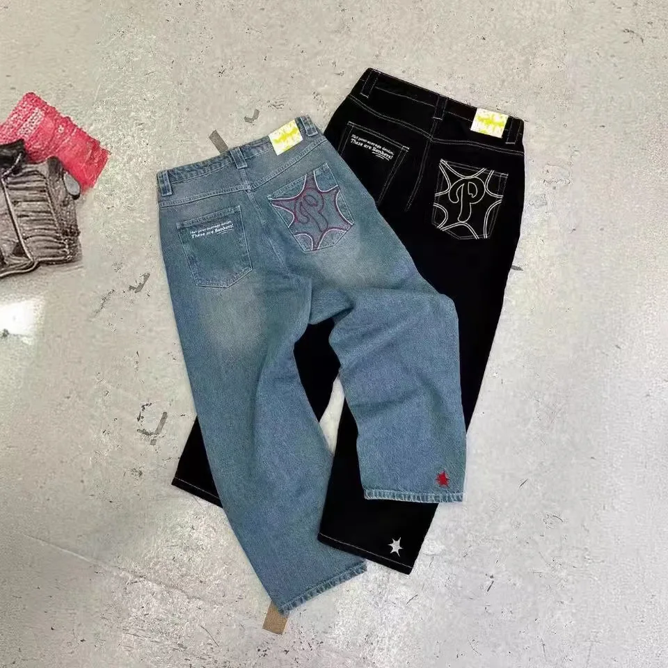 Custom Y2k Men's Straight Jean Loose Baggy Street Retro Pants Printed Denim Jeans