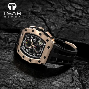TSAR BOMBA Men's SEIKO Sapphire Glass Chronograph Wristwatch 18mm Silicone Band Crystal Dial Window Sport Fashion Business Use