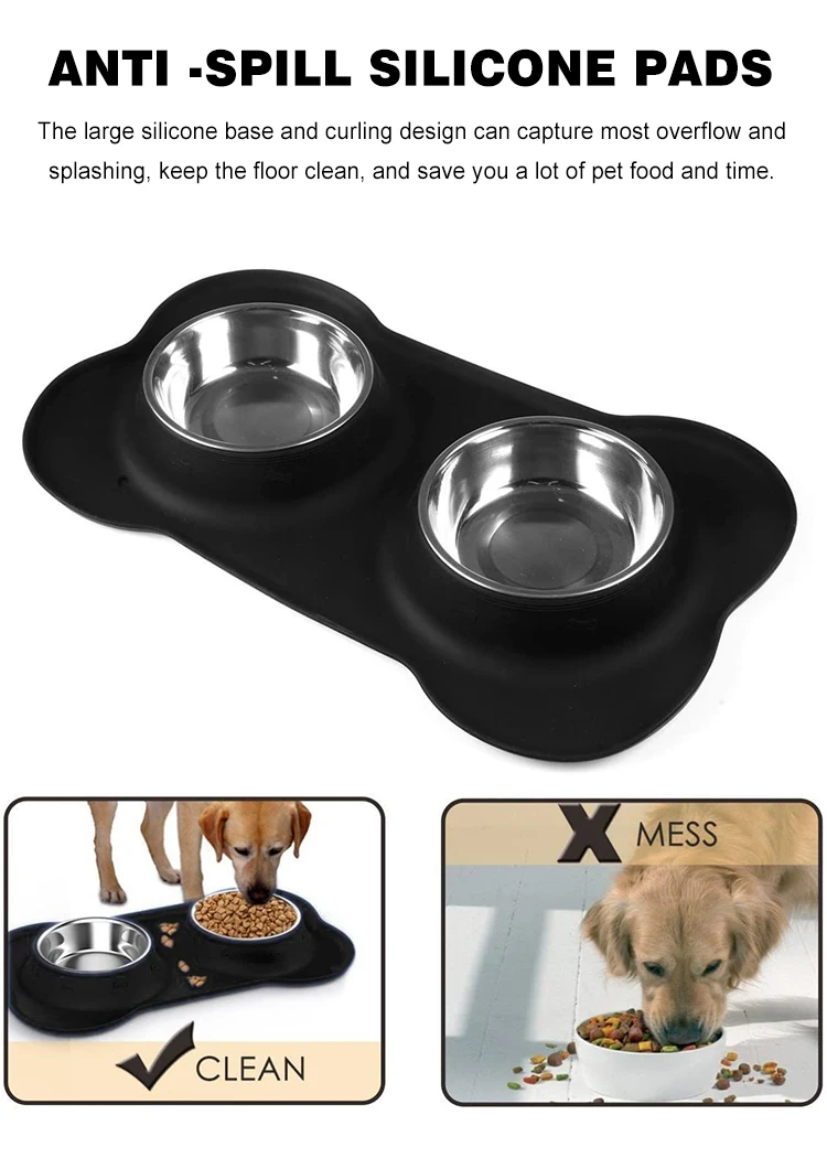 Stainless Steel Double Dog Bowl Set With No-spill No-skid Silicone Mat ...