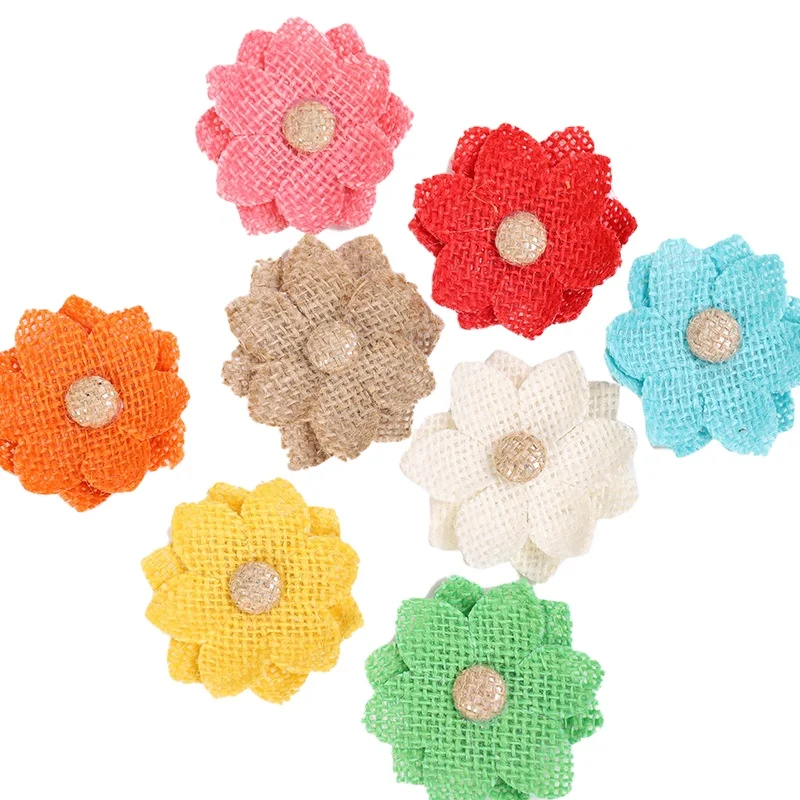 Colorful Natural Burlap Flowers Assorted Handmade Rustic Burlap Rose for Wedding Decoration and Floral Crafts Making