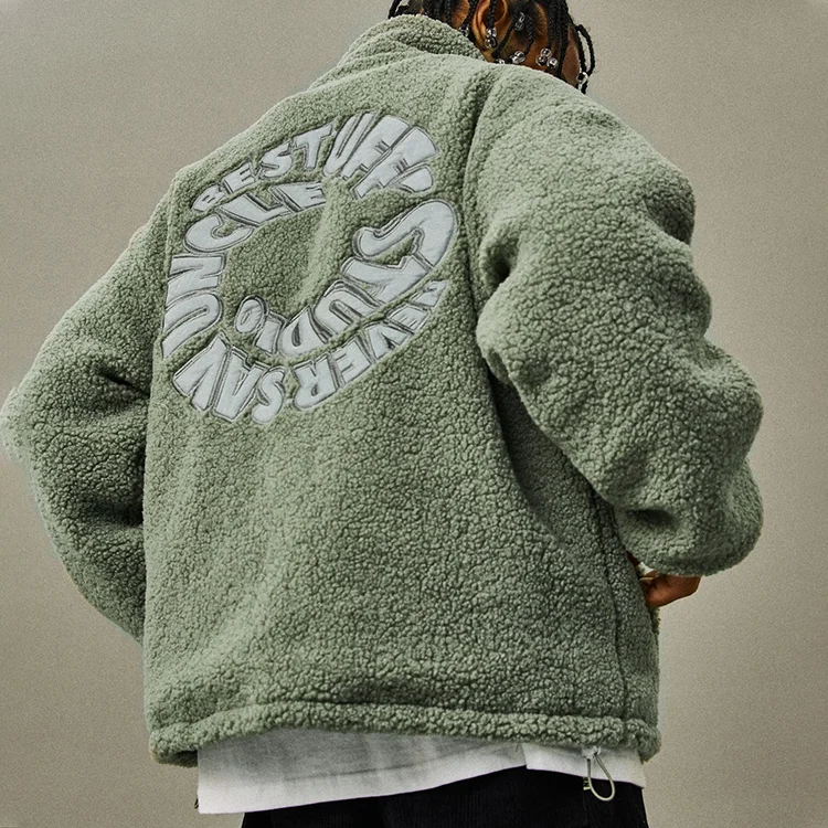 Custom Stand Collar Men's Embroidery Zip Up Sherpa Fleece Jacket_voghion.com