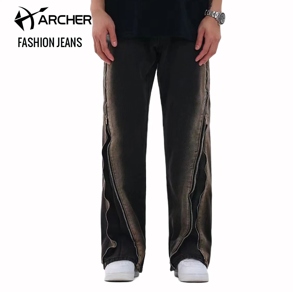 High Quality Black Jeans Side Zipper Men Flare Bottom Denim Jeans Relaxed  Fit Premium Stretchy Flared Jeans Men