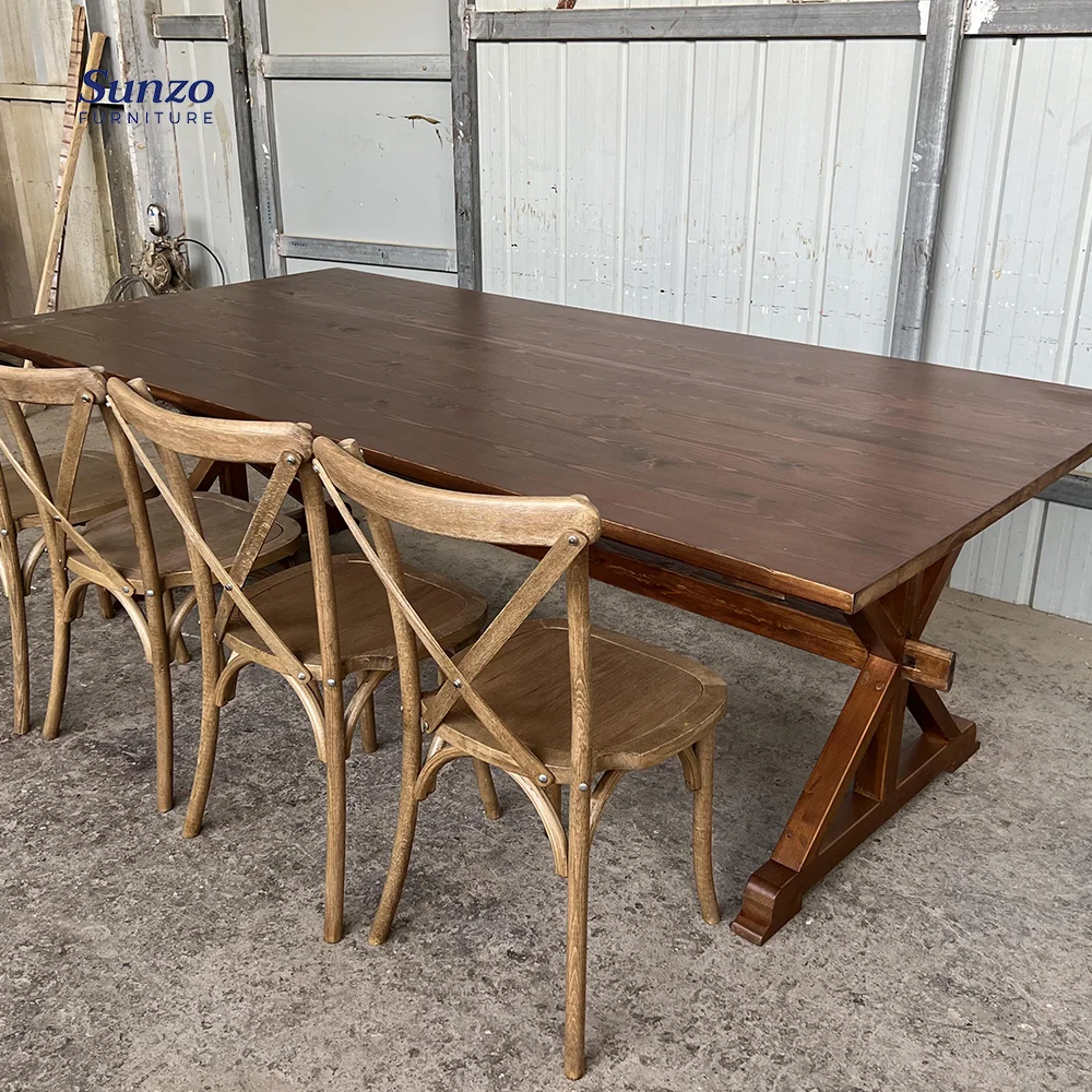 Sunzo Furniture Solid Wood French Rustic Farm Dining Tables For Events
