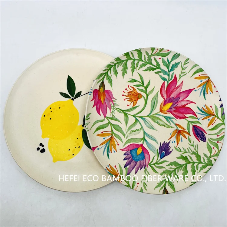 Biodegradable dishwasher safe eco friendly bamboo fiber wheat straw dish plates camping plate custom print and color reusable Alibaba