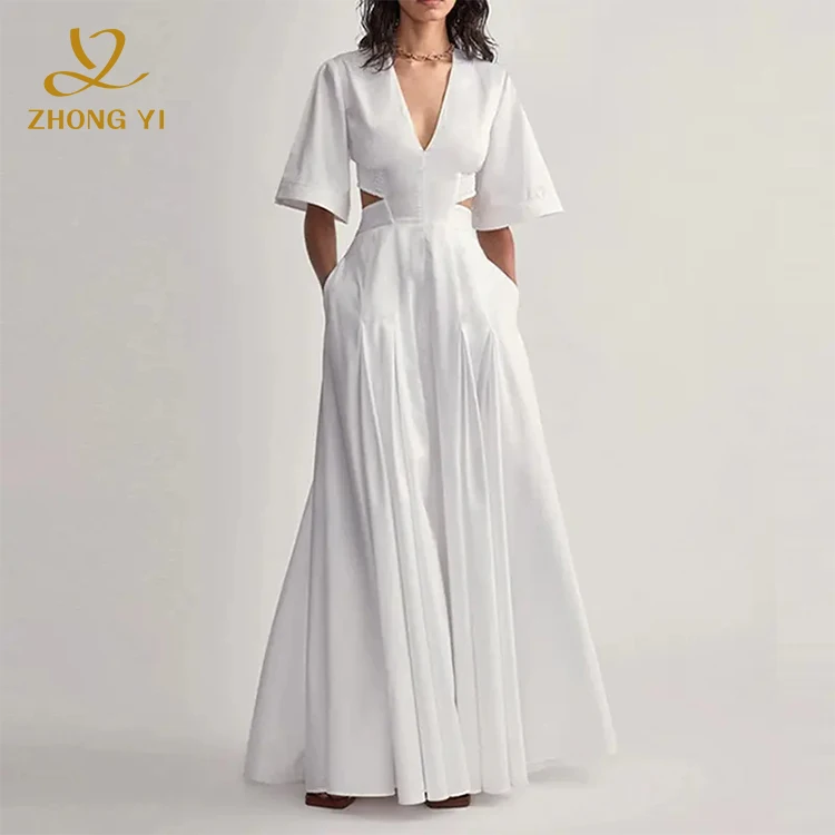 2026 Plain Ladies Summer Clothing V Neck Show Back Waist Pure White Maxi  Pleated Elegant Gentle Women's Dress
