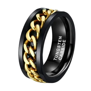 Coolstyle Jewelry 8mm Black Tungsten Spinner Anxiety Release Ring Men Women Gold Chain Inlay Fashion Engagement Wedding Band