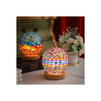 Mosaic Style Cute Table Lamp Wooden Table Bedside Lamp Bedroom Dimmable Night Light Creative Gift Mediterranean Night Light