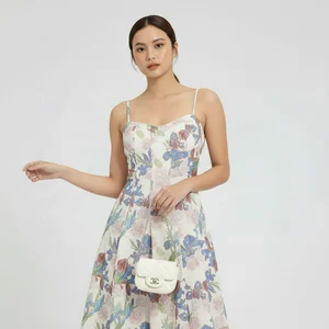 Factory Hot Selling Women's Floral Pattern Backless Knee-Length Tight Slip Dress Empire Sexy Sky Bluet Tulle Dress for Summer