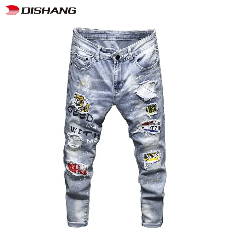 Hot Sale New Men Fashion Jeans Biker Denim Pant Wild Denim Fabric  Distressed Spray Paint Ripped Slim Fit Patched Pants Jeans
