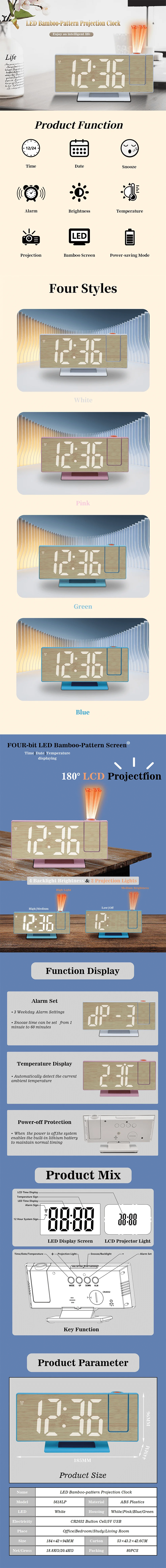 Horloge de projection LED en bambou 5618LP