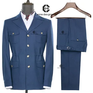 Cenne Des Graoom 2026 New Fashion Vintage Hunting Outfits for Men Blue Safari Jackets with Multi Pockets Casual Wear Slim Fit