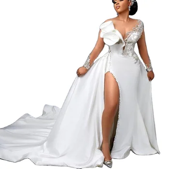 Elegant Simple Mermaid Sexy Wedding Dresses Ivory Muslim Bridal Gowns for Bride Satin Lace Long Sleeves Vestidos De Novia 2022