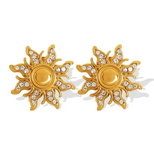 Fashionable Sunflower Stud Earrings 18K PVD Plated Rhinestone Stainless Steel Trendy Jewelry for Women and Girls