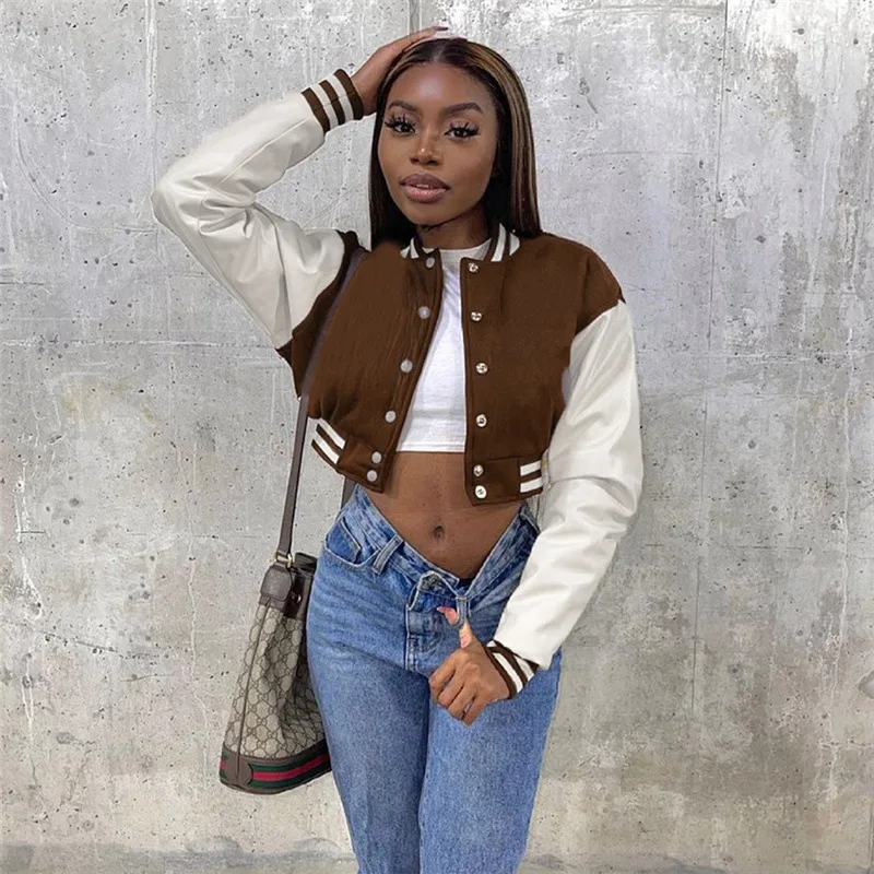 Woman Tops Fashionable Baseball Jacket Women Clothing Croppoed Jaclet With Pu Leather Coat Side Striped Design Patchwork Jackets