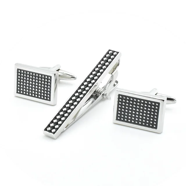 Hot Sale Black Hard Enamel Silver Color Cuff links and Tie Clip Set Fashionable Pattern Engraved Cufflinks Tie Pin Tie Bar Set