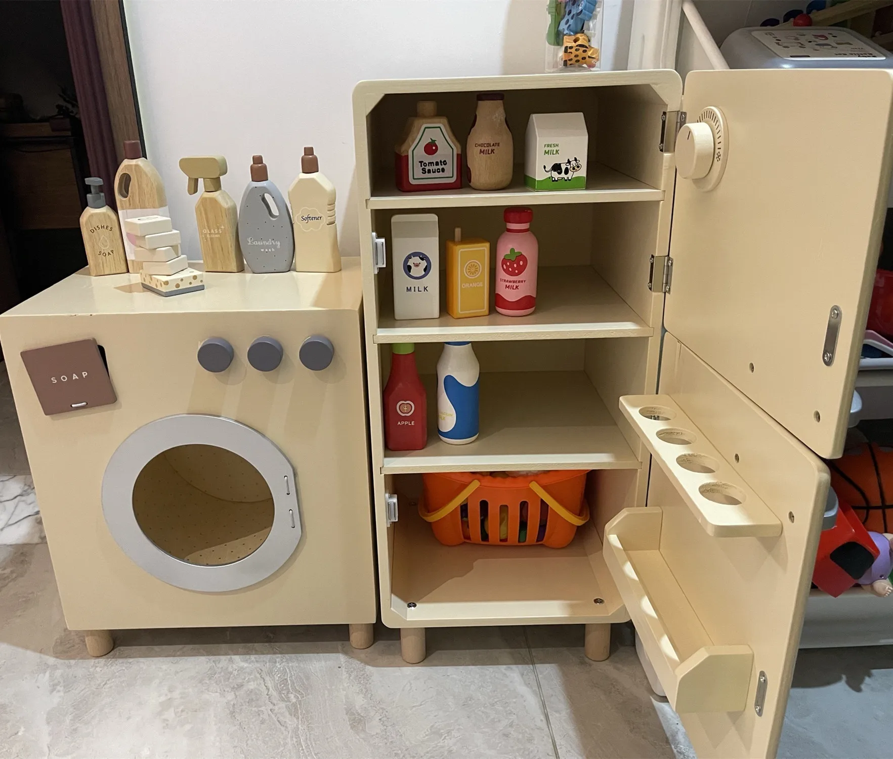 New Customize 3 Piece Set Educational Toy Pretend Play Wooden Children Kitchen Toy Set Refrigerator Washing Machine Toys Set