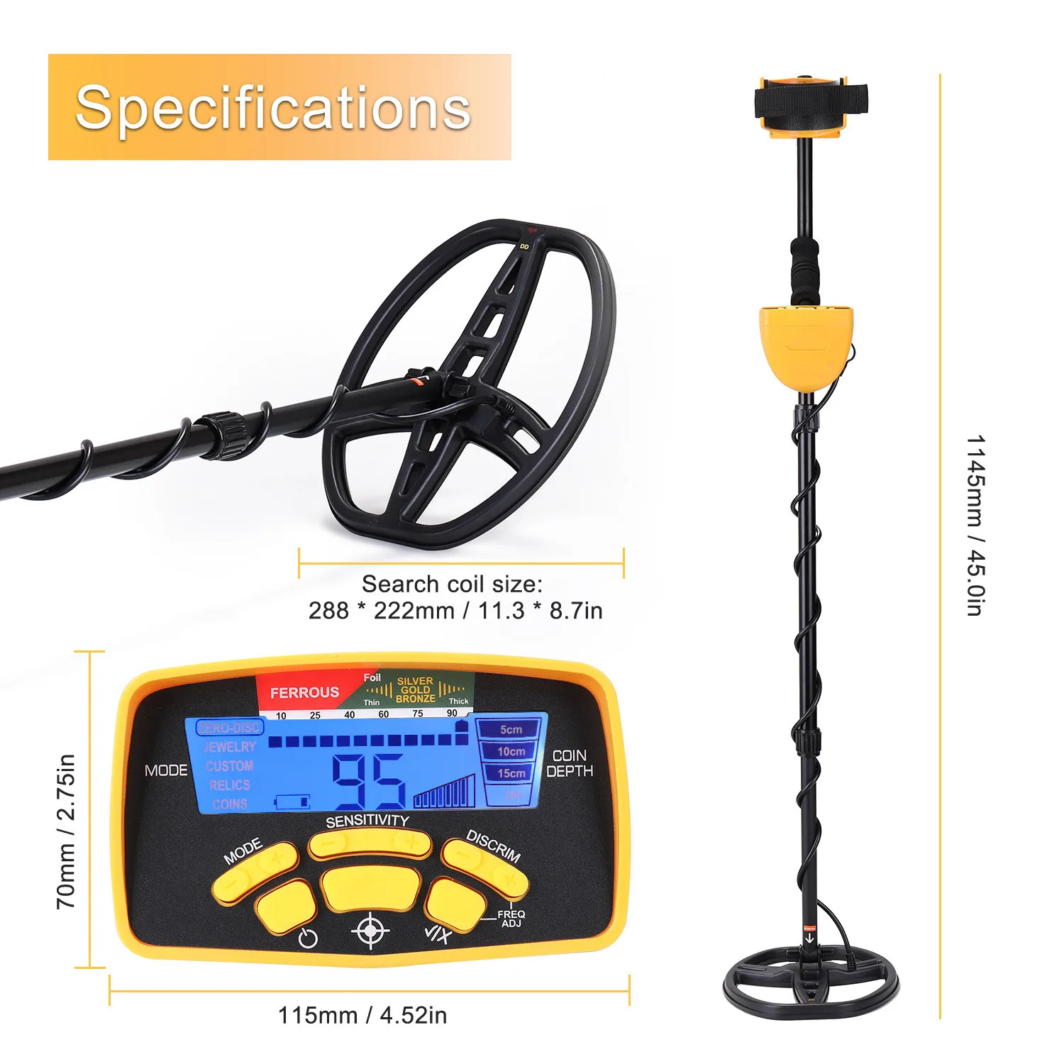Gold Metal Detector Md6450 With 5 Detection Modes With 11" Waterproof