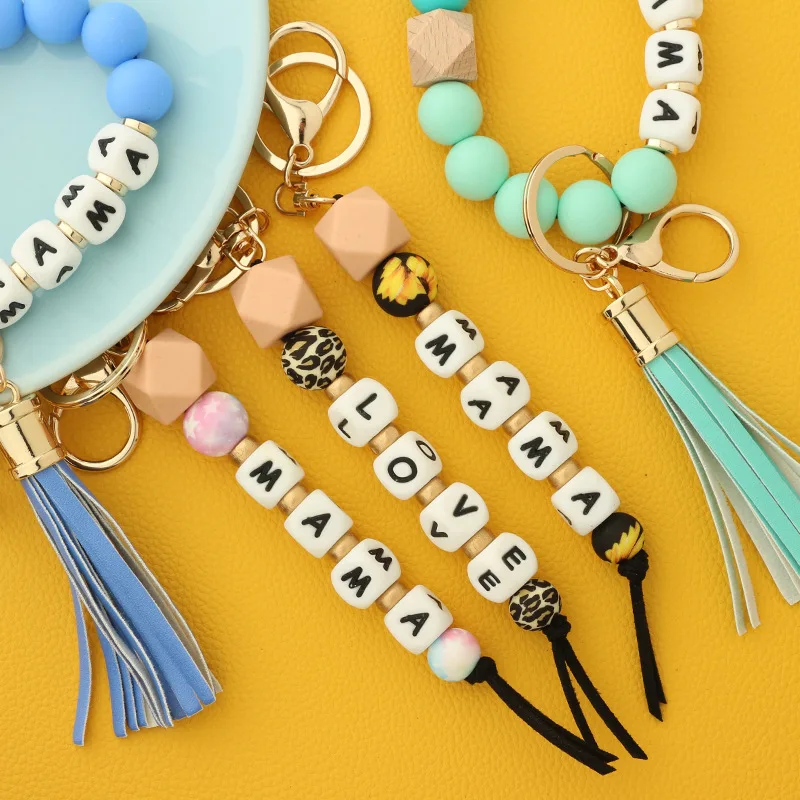 Mama Silicone Beaded Bracelet Keychain Tassel Key Ring Purse Bag Backpack  Car Charm Earphone Accessory Friends Mom Gift - Temu