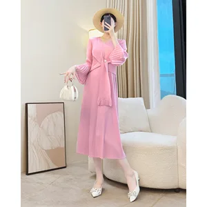 Miyake Pleated Dress: Fringe Sash & Bell Sleeves -- Elegant Party Casual Women's Gown & Evening Dress