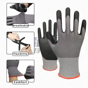 15 Gauge knitted gray nylon spandex oil resistant good grip anti slip comfort garden men gloves work with foam Nitrile Coated