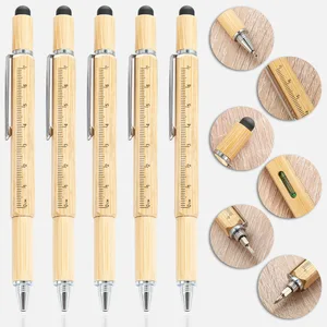 Multi Function Bamboo Ballpoint Pen Wholesale 6-in-1 Tool Printed Logo Custom Spinner for Stylus Mobile Phone