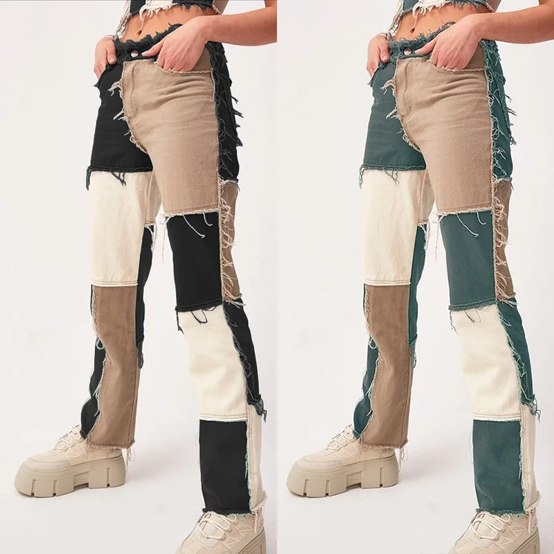 Patchwork Skinny Straight Leg Jeans 