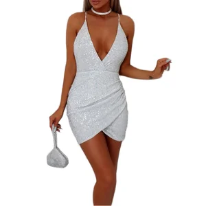 Clothing Manufacturer Custom New Women's Clothing White Sequined Sexy Sling Deep V-neck Slim-Fit Dress Spring