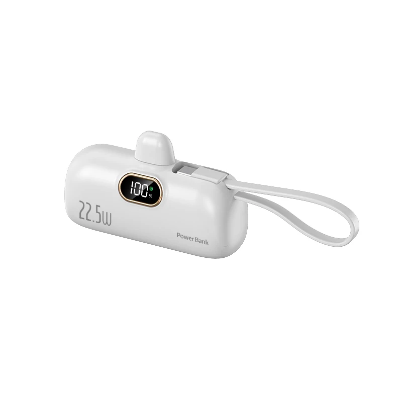 2 in 1 Mini Capsule Power Bank 5000mah10W 22.5W LED Display Built-in Cables Emergency Battery Portable Charger with Hanging Rope