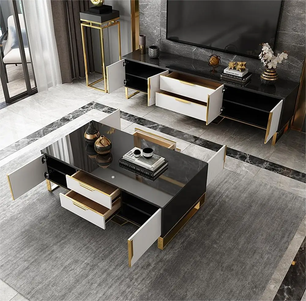 Modern White Black Color Coffee Table And Tv Stand Set With Gold