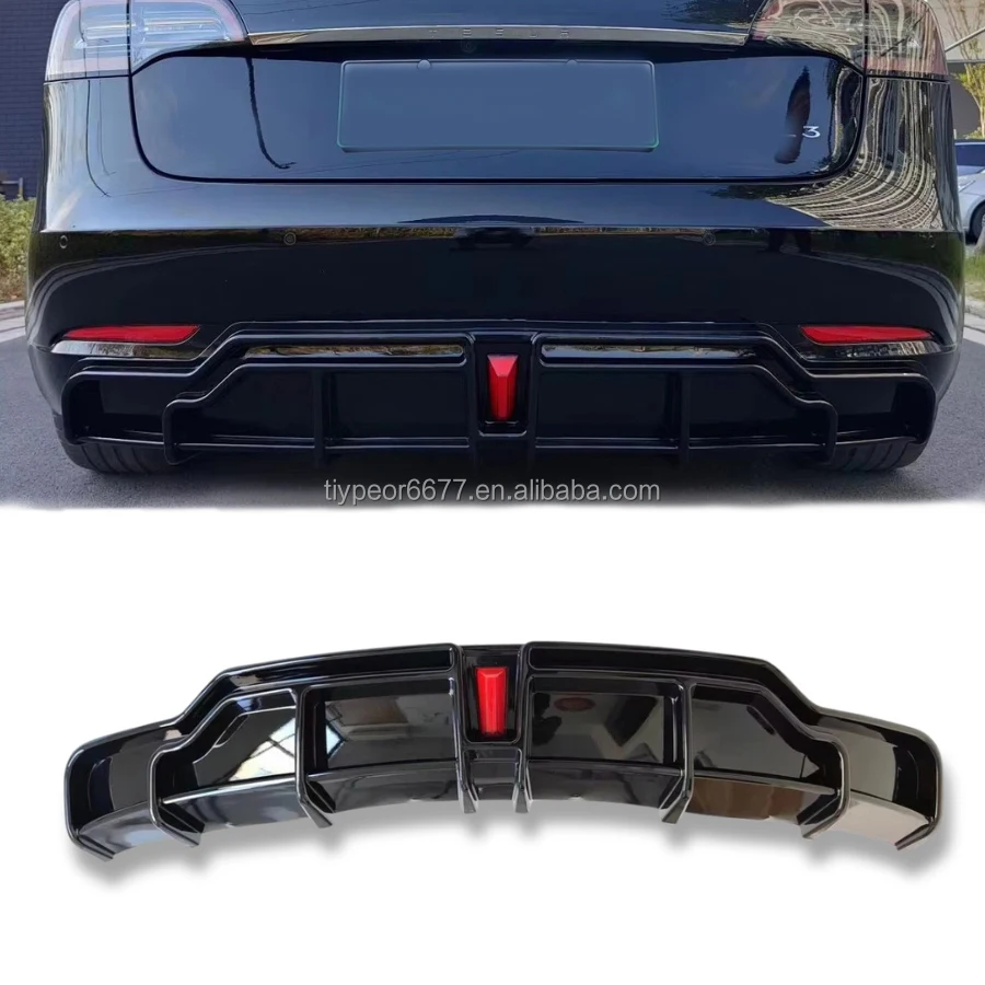 product tiypeor rear bumper lower diffuser led light for 2017   2022 tesla model 3 accessories glossy black rear spoiler bodykit-6
