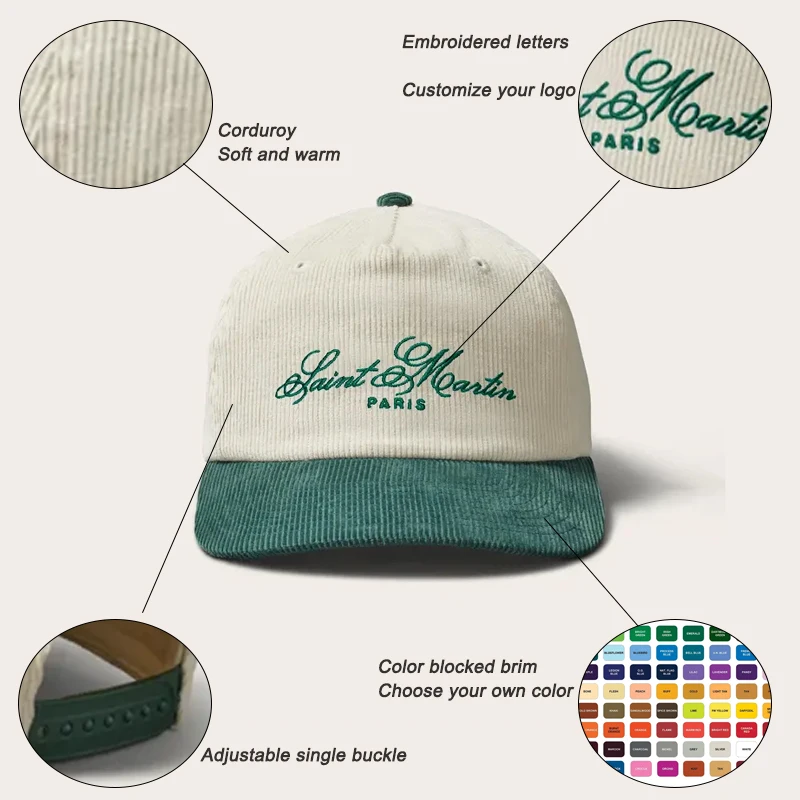 Custom 5 Panel Embroidery Two Tone Untructured Corduroy Baseball Cap 5 Panel Hat Unstructured