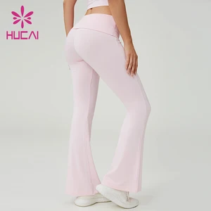 HUCAI Custom logo 92%viscose 8%spandex Soft Knitted Fabric High Quality Low-rise Waistband Yoga Pants Flared Leggings Women