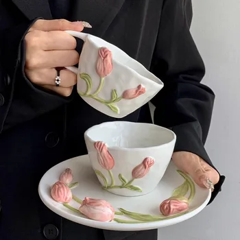 Top Seller Coffee Cup and Plate Fun 3D Flower Ceramic Cup Tulip Cup Luxury Coffee Mug and Plate for Gifts