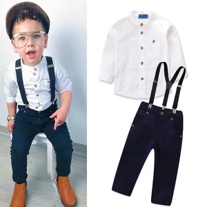 Wholesale 2019 Autumn Hot Selling Boys Gentleman 3 Piece Set Solid Color Shirt + Casual Bib Pants