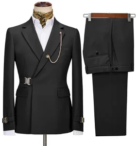 Men's Casual Double-Breasted Polyester Metal Buckled Notch Lapel Zipper Fly Business Suit Plus Size Breathable for Dinner