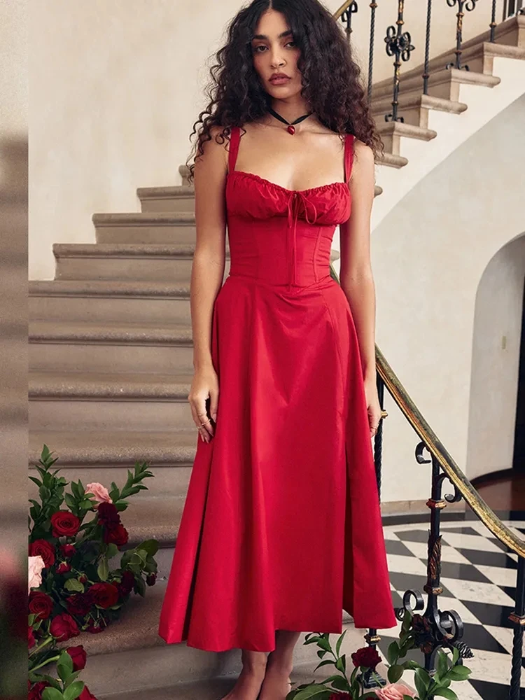 High Quality Red Midi Slit Western Dress Corset Back Strap High Quality Red Midi Slit Western Dress Corset Back Strap