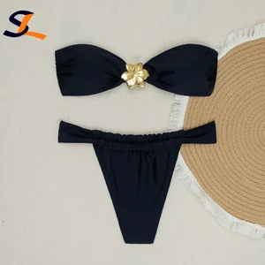 Custom New In Stock Metal Floral Sexy Solid Two Piece Bikini Set Beachwear Bandeau Swimsuit Women High Cut Thong Swimwear