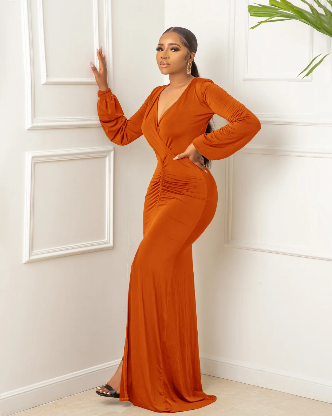 Solid Cheaper Pleated Women Modest Evening Dresses V Neck Long Sleeve Maxi Dress Night Elegant Dresses for Women Cocktail