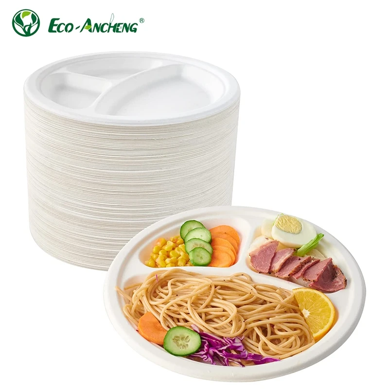 Restaurant Leakproof Compostable Sugarcane Round Pulp Plate Disposable Bagasse Plate