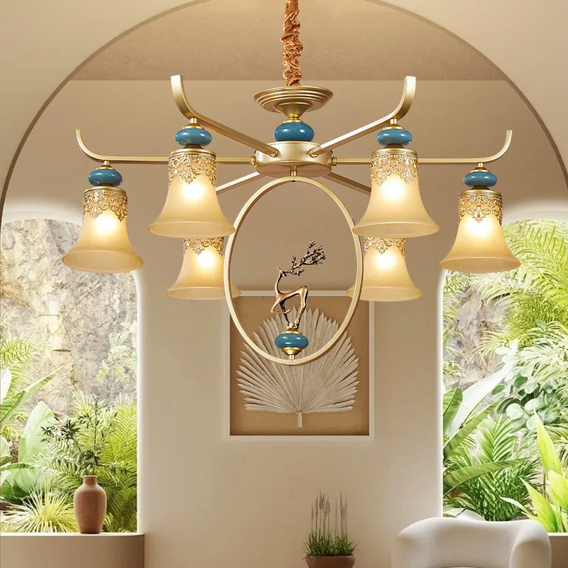 Lampu Gantung Bilik Tamu Gaya Amerika Retro Gaya Eropah Mewah Anggun LED Besi dan Kaca Berkelabu Dua Tujuan Komersial Ringkas Moden