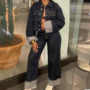 GX5205 Autumn New Women's Clothing Vendor Single Breasted Long Sleeves Denim Jacket and Jeans Trousers 2 Piece Pant Set