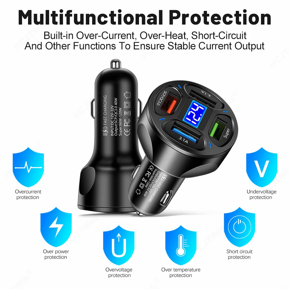 66W Digital Display Car Charger Adapter 4 USB Ports Fast Charger Quick Charge 3.0 Overcurrent OTG OLP USB Interface Car Charger