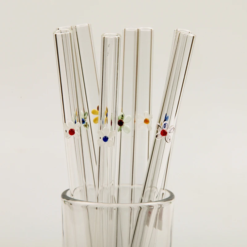 Handmade High Borosilicate Glass Straw With Flowers Food Safe Glass