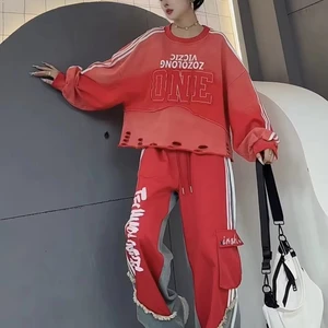 Stylish Chic  Red Distressed Design Womens Hoodie Trendy Letter Print Casual Wear Oem Odm Custom Made