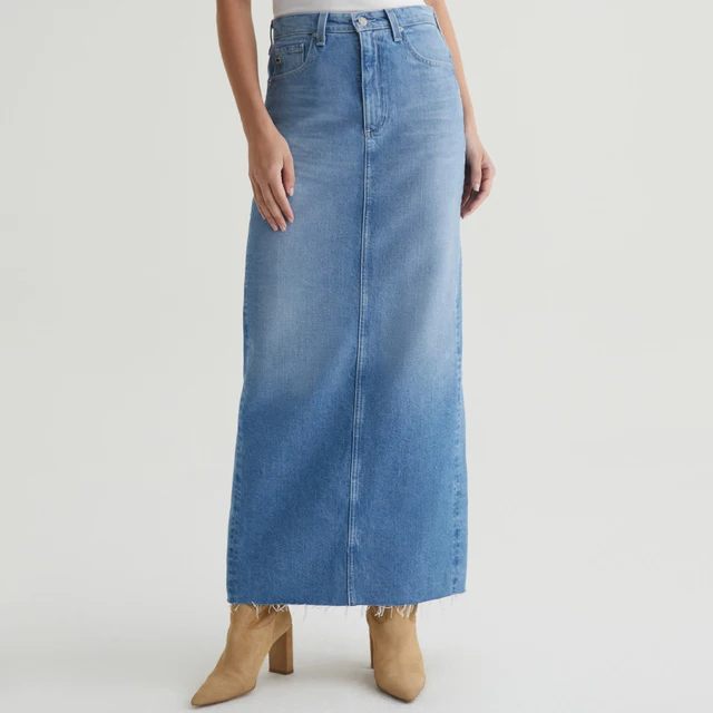 OEM Women's Denim Midi Skirt Custom High Waist Jean Skirt Supplier Wholesale Vintage Stretch Denim Skirt with Slit Factory