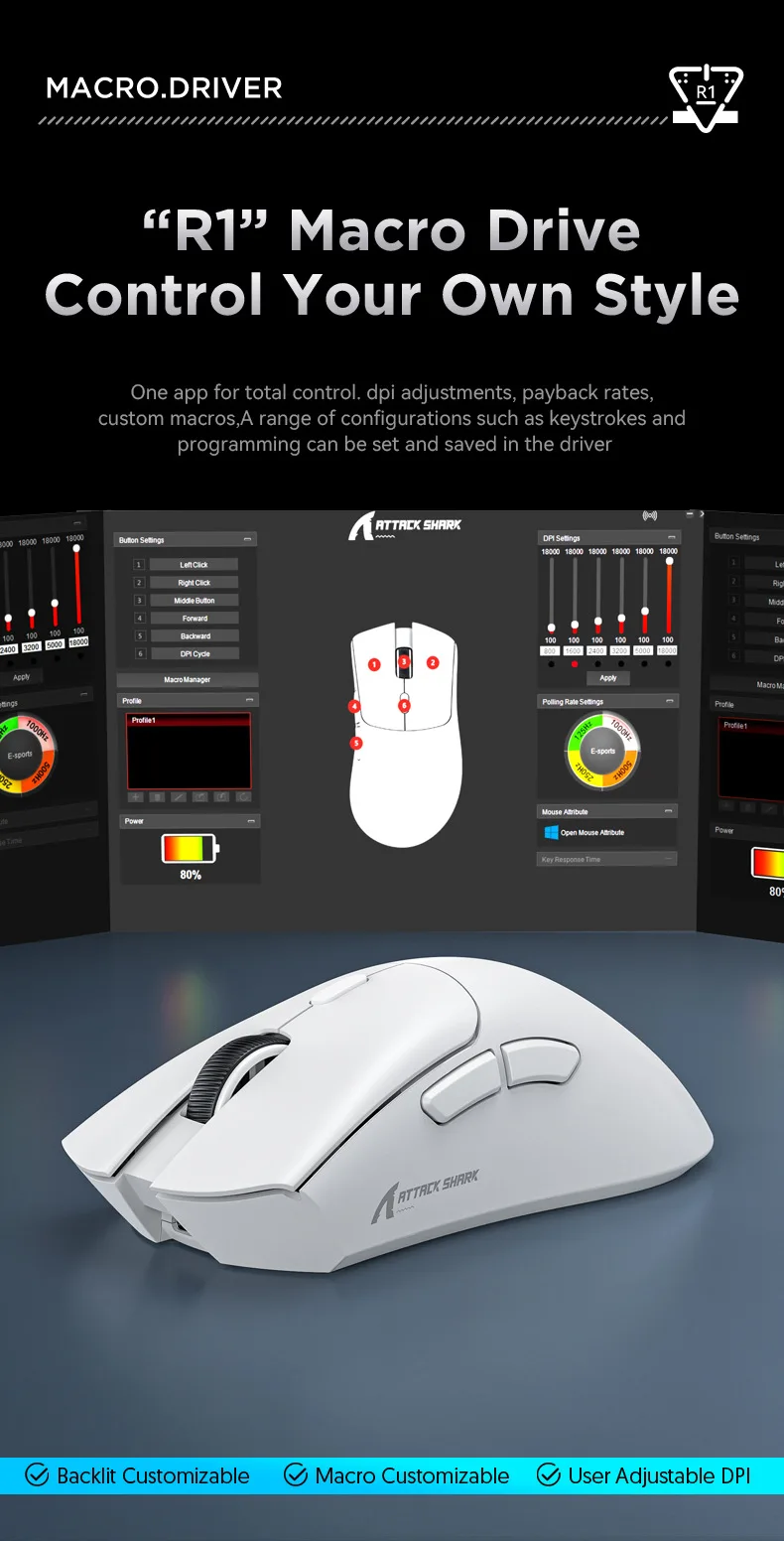 Attack Shark R1 Wireless Ergonomic Gaming Mouse - Rechargeable RGB 2.4G ...