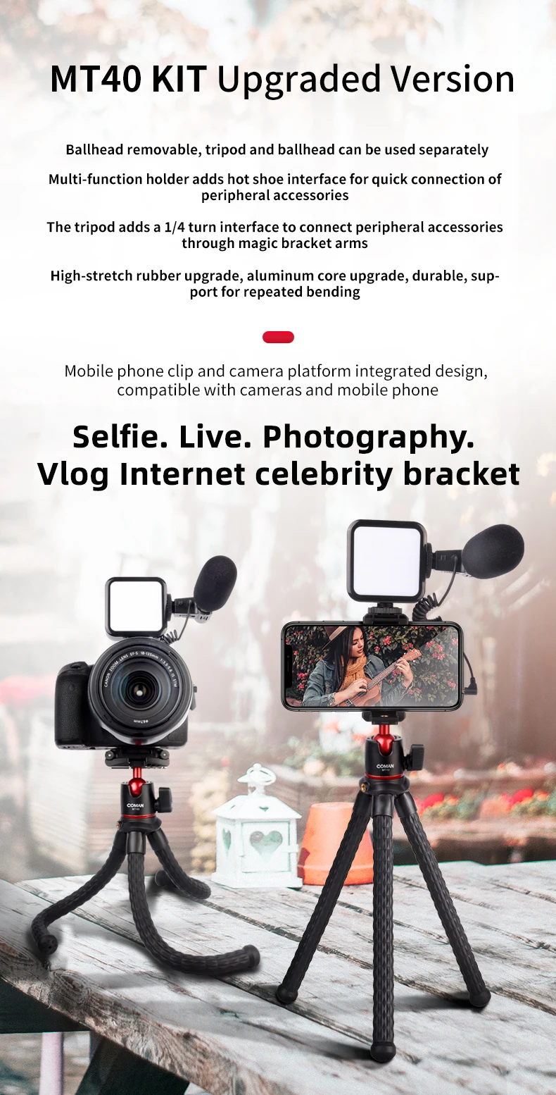 Coman Portable Flexible Vlogging Kit Video Recording Mini Octopus Tripod Stand Camera Smartphone Tripod For Mobile Phone
